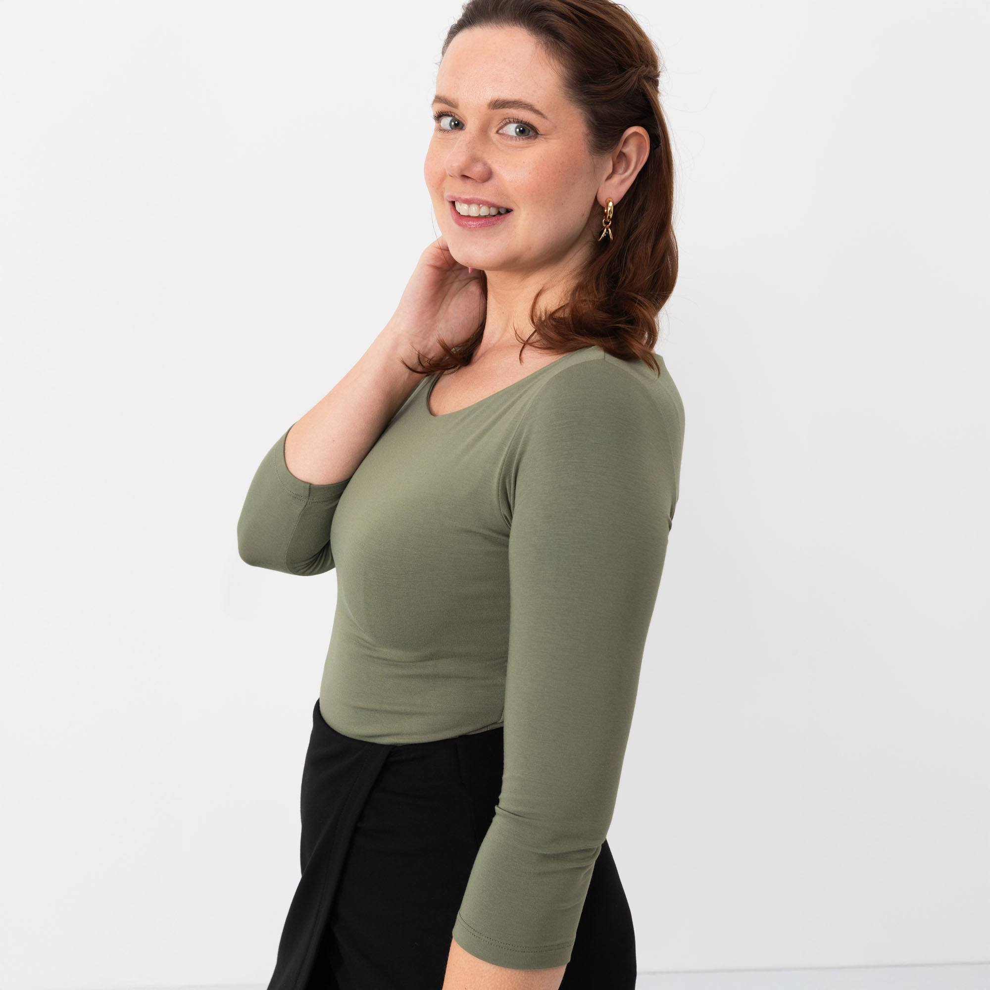 Oliwkowe body z rękawem 3/4 damskie