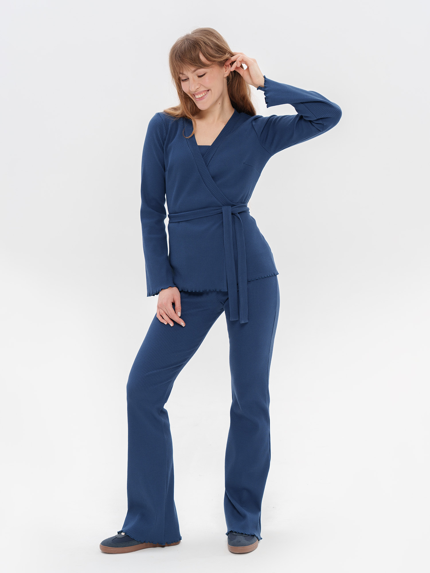 Niebieskie jeansowe dzwony z dzianiny w prążek damskie SHORT