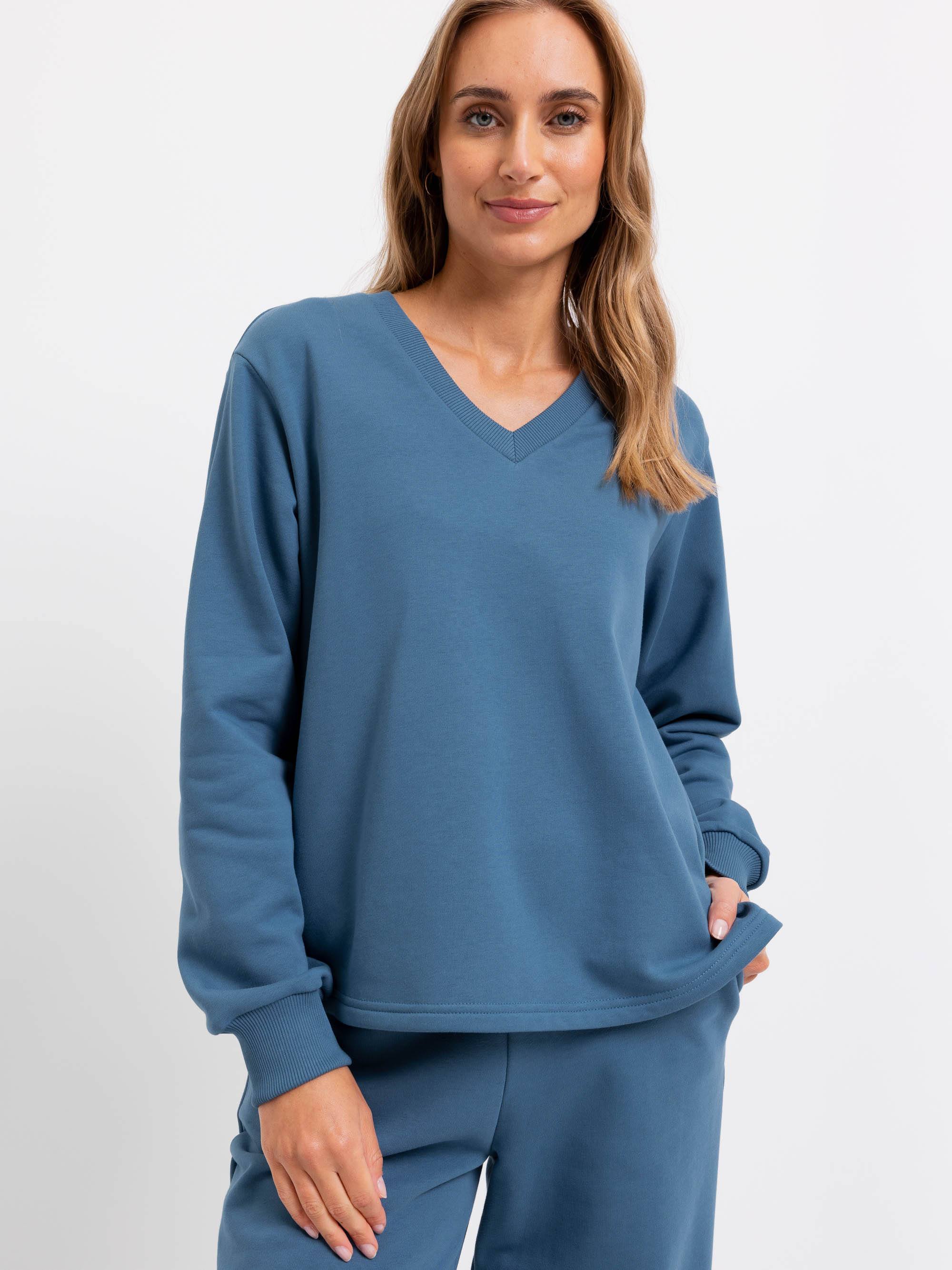 Ciemnoniebieska bluza w serek z dresówki diagonalnej damska