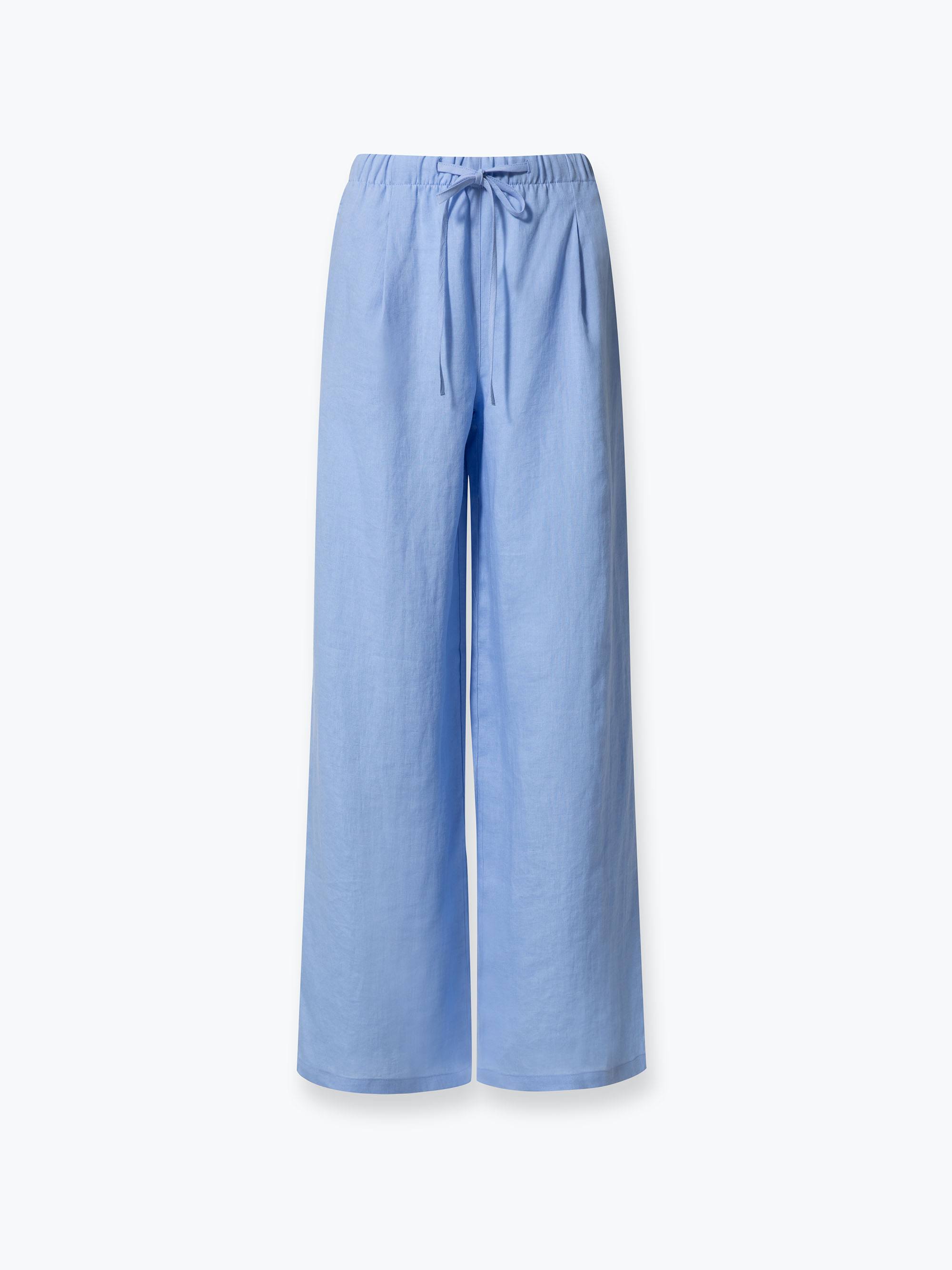 Błękitne spodnie lniane damskie SHORT